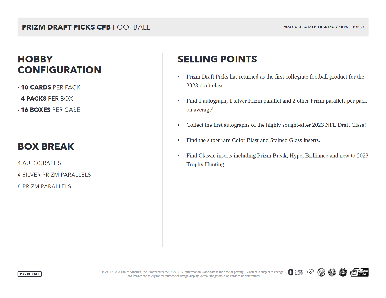 2023 Panini Prizm Collegiate Draft Picks Football Hobby Box