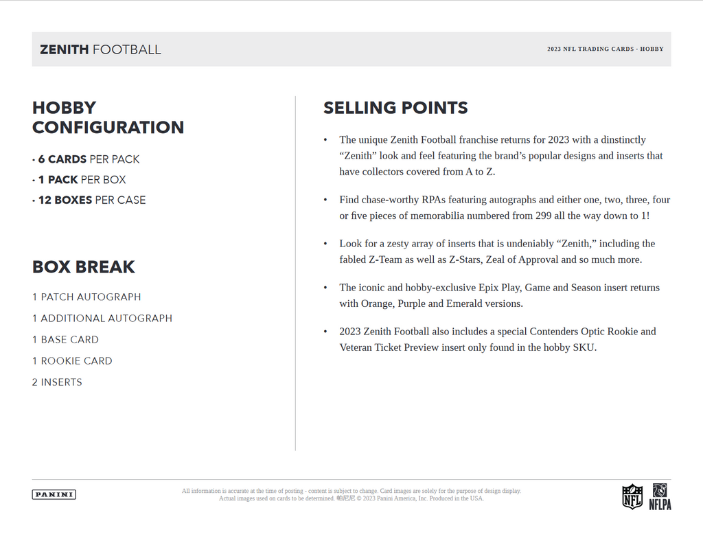2023 Panini Zenith Football Hobby 12 Box Case